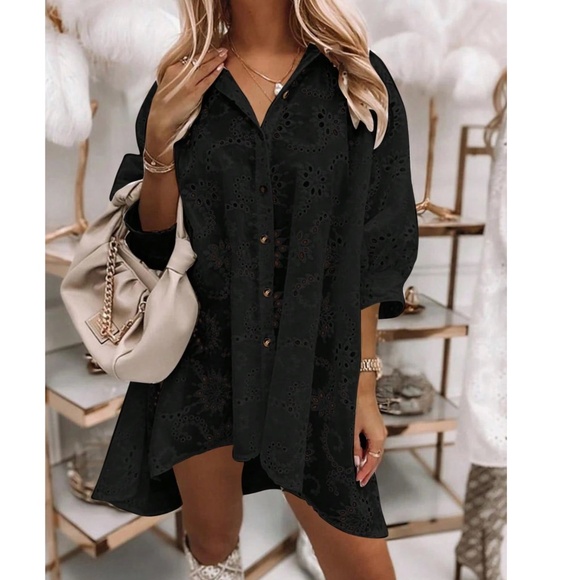 Boho Eyelet Puff Sleeve Button Down Shirt Dress - Picture 7 of 8